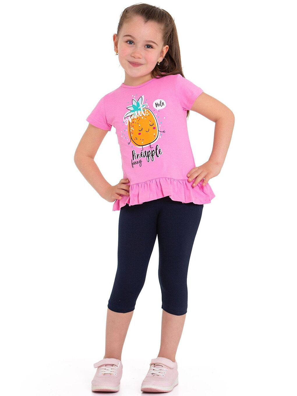 Bisiklet Yaka Kısa Kol Ananas Baskılı Pembe Renk Kız Çocuk Taytlı Takım-1