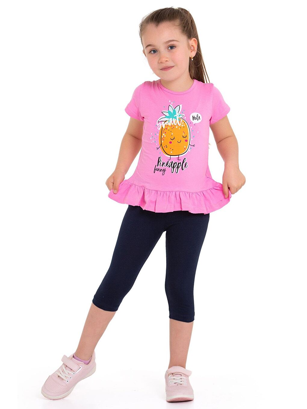 Bisiklet Yaka Kısa Kol Ananas Baskılı Pembe Renk Kız Çocuk Taytlı Takım-3