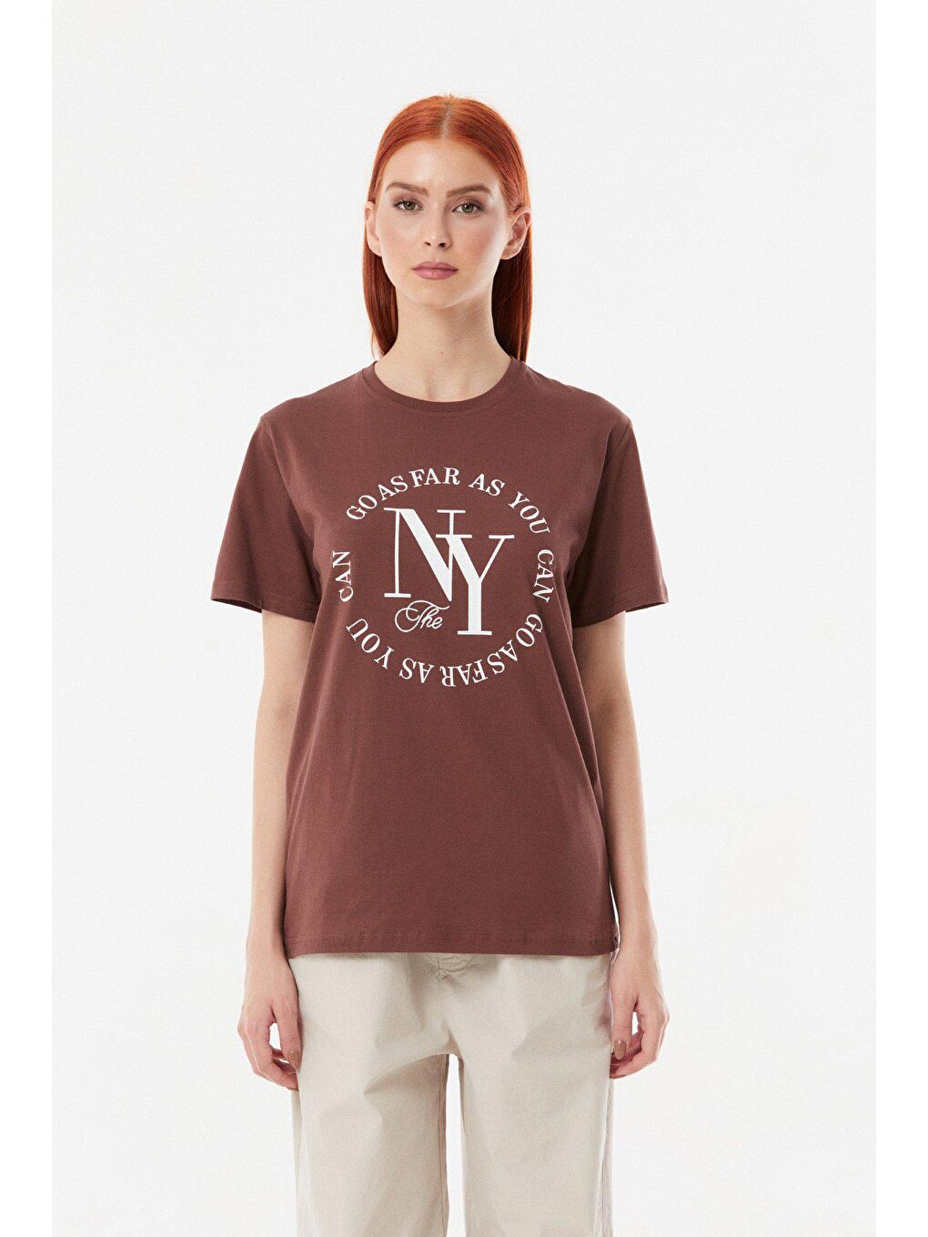 Kahverengi NY Baskılı Bisiklet Yaka Tişört-4