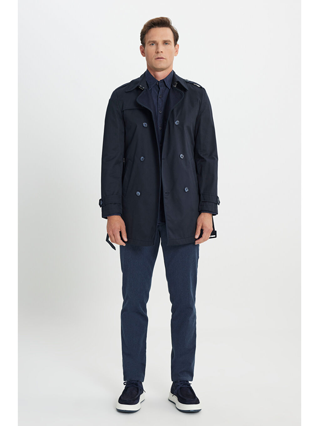 Erkek Lacivert Pamuklu Standart Fit Normal Kesim Gömlek Yaka Düğmeli Yan Cepli Trençkot-1