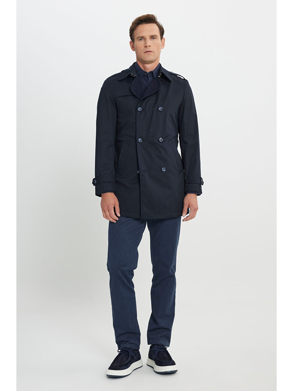 Erkek Lacivert Pamuklu Standart Fit Normal Kesim Gömlek Yaka Düğmeli Yan Cepli Trençkot-3