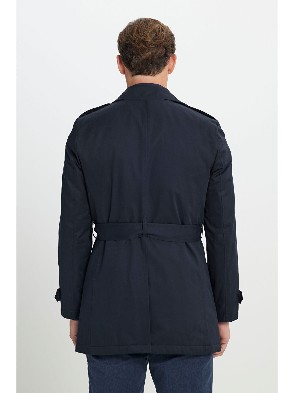 Erkek Lacivert Pamuklu Standart Fit Normal Kesim Gömlek Yaka Düğmeli Yan Cepli Trençkot-5