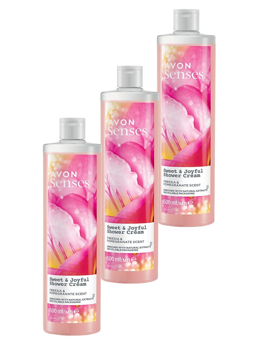 AVON Renksiz Senses Sweat & Joyful Frezya ve Nar Kokulu Krem Duş Jeli 500 Ml. Üçlü Set