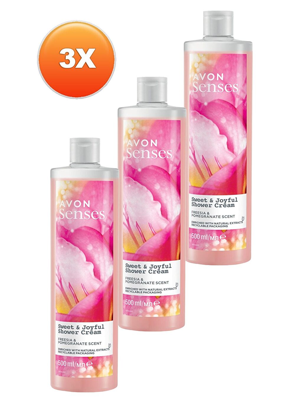 AVON Renksiz Senses Sweat & Joyful Frezya ve Nar Kokulu Krem Duş Jeli 500 Ml. Üçlü Set - 1