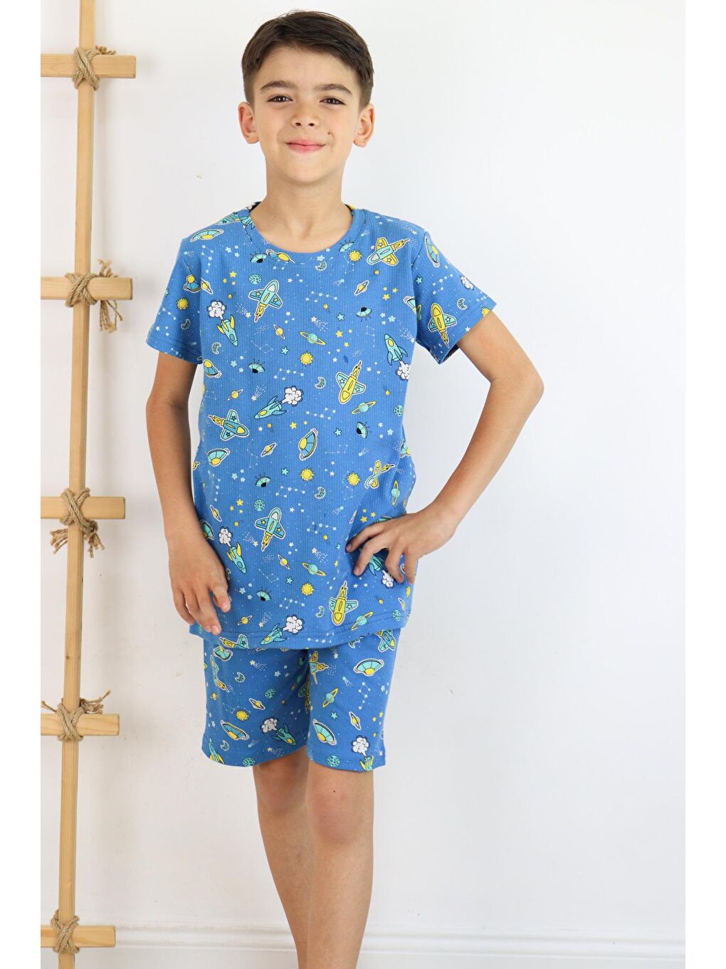 Mavi Erkek Çocuk Baskılı Pamuklu Penye Kumaş  Şortlu  Pijama Takımı