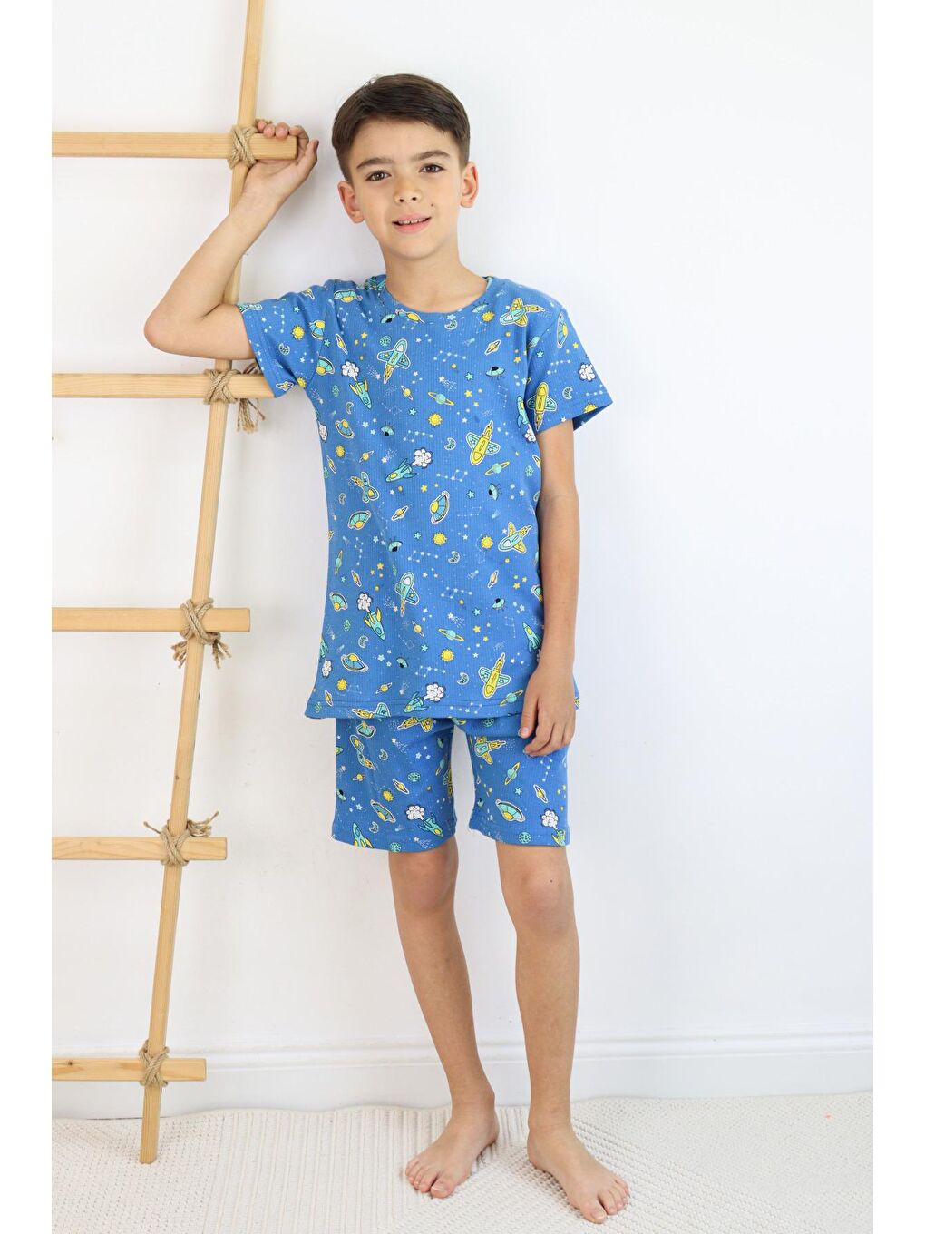 Mavi Erkek Çocuk Baskılı Pamuklu Penye Kumaş  Şortlu  Pijama Takımı-1