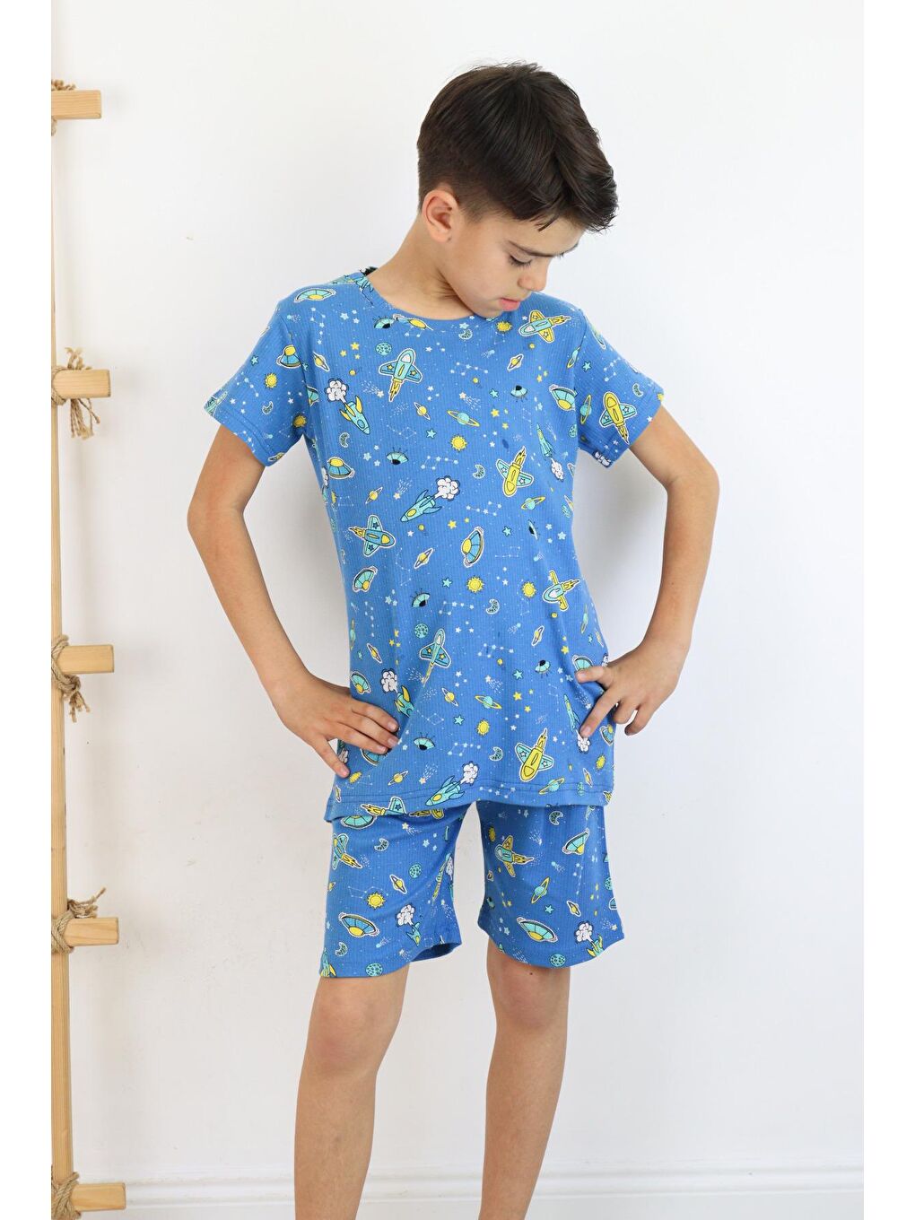 Mavi Erkek Çocuk Baskılı Pamuklu Penye Kumaş  Şortlu  Pijama Takımı-2