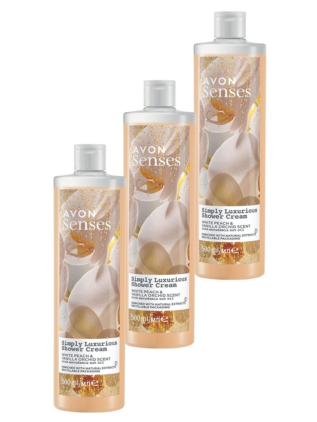 AVON Renksiz Senses Simply Luxurious Beyaz Şeftali ve Vanilya Kokulu Krem Duş Jeli 500 Ml. Üçlü Set