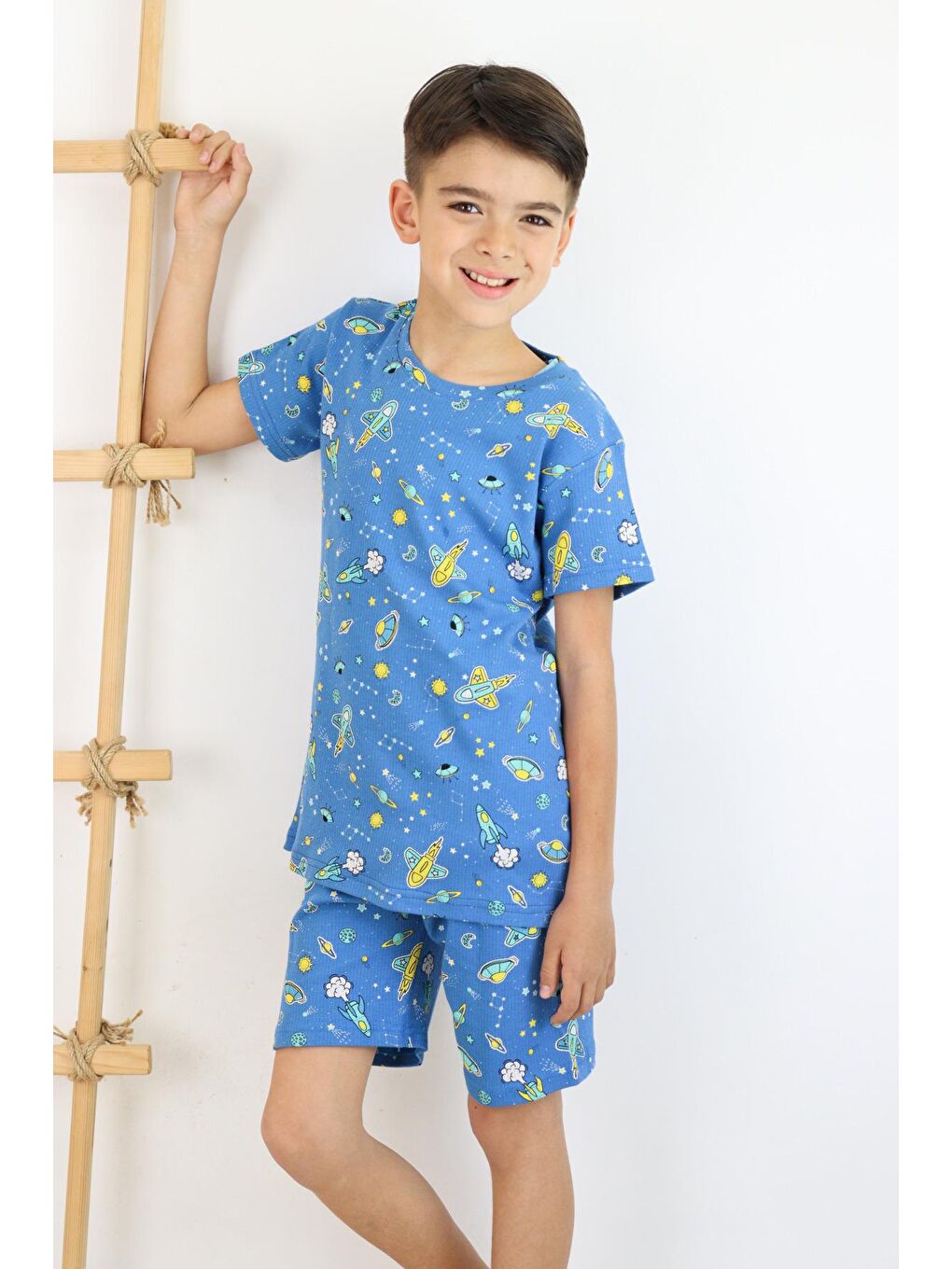 Mavi Erkek Çocuk Baskılı Pamuklu Penye Kumaş  Şortlu  Pijama Takımı-3