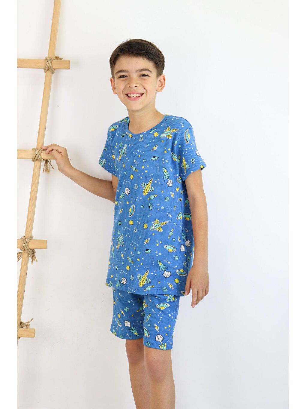 Mavi Erkek Çocuk Baskılı Pamuklu Penye Kumaş  Şortlu  Pijama Takımı-4