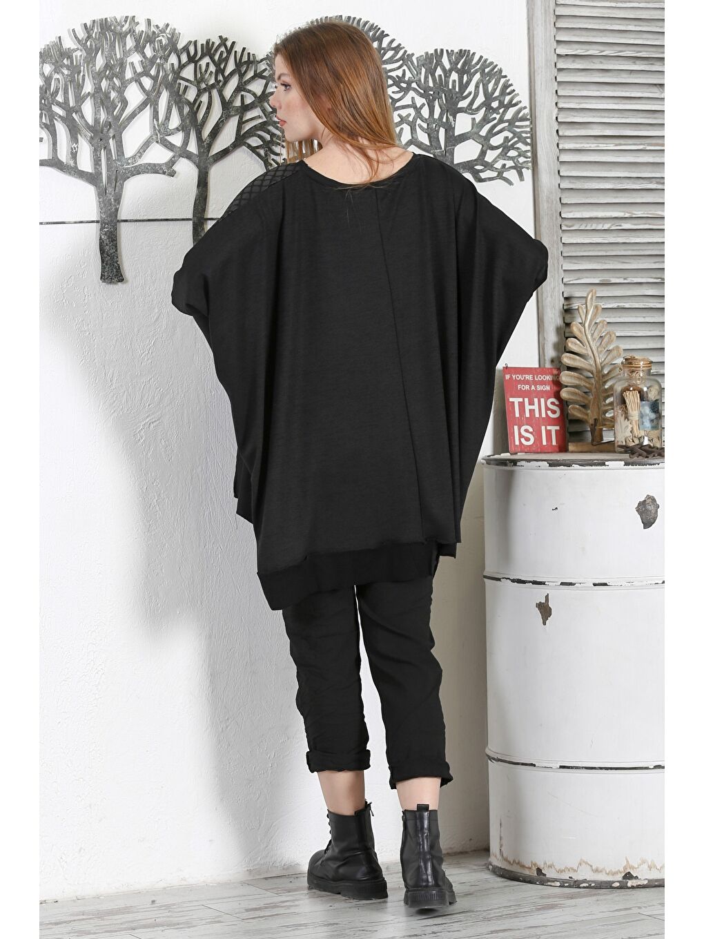 Siyah Kayık Yaka Yarasa Kol Deri Garnili Casual Asimetrik Oversize Örme Tunik-7