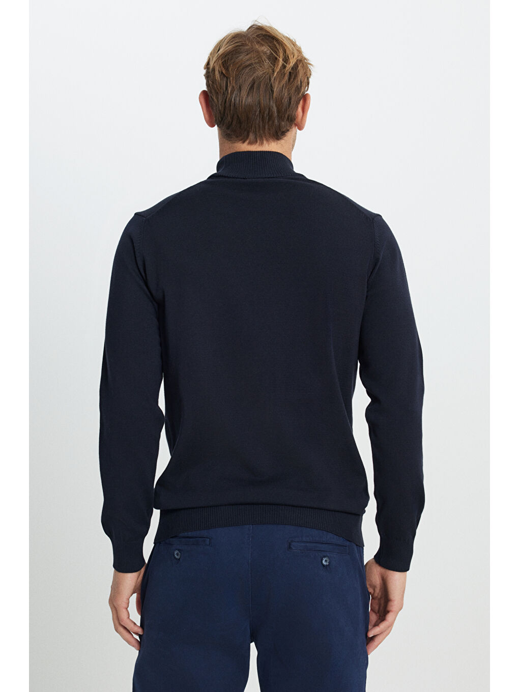 Erkek Lacivert Pamuklu Standart Fit Normal Kesim Yarım Balıkçı Yaka Triko Kazak-4