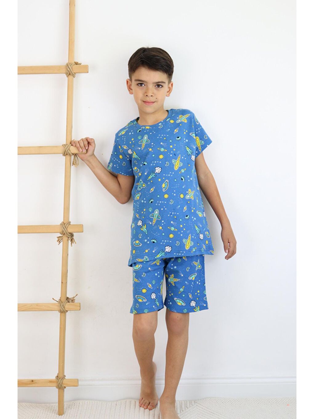 Mavi Erkek Çocuk Baskılı Pamuklu Penye Kumaş  Şortlu  Pijama Takımı-5
