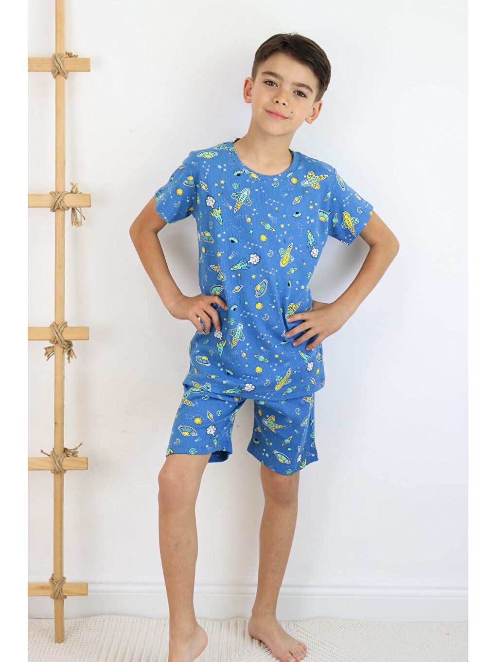 Mavi Erkek Çocuk Baskılı Pamuklu Penye Kumaş  Şortlu  Pijama Takımı-6