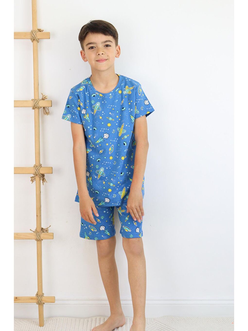 Mavi Erkek Çocuk Baskılı Pamuklu Penye Kumaş  Şortlu  Pijama Takımı-7