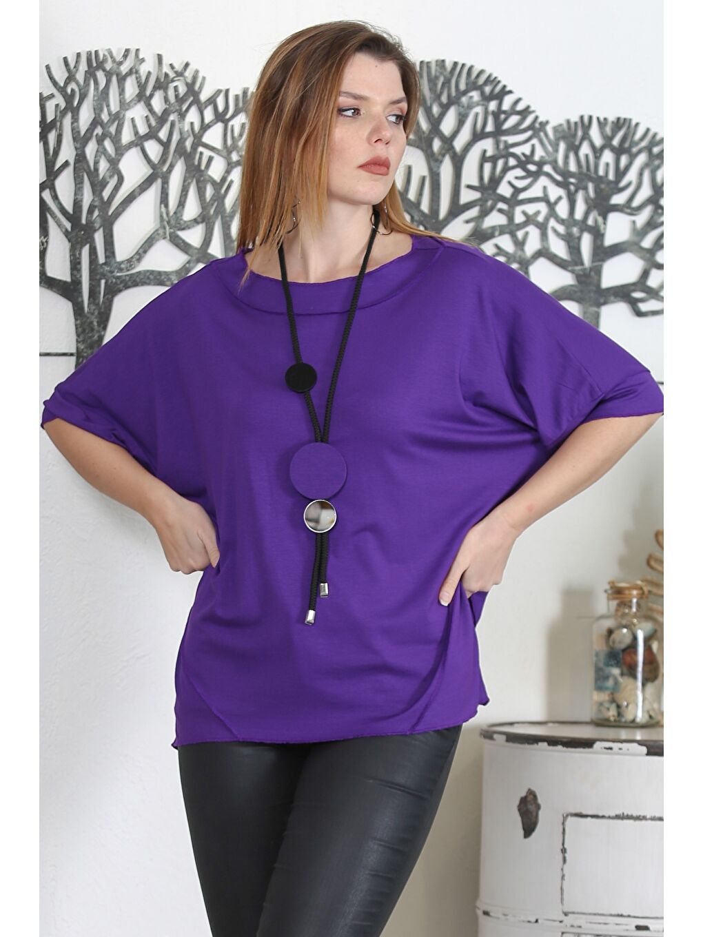 Mor Yuvarlak Yaka Kısa Kol Örme Oversize Casual Tişört-4