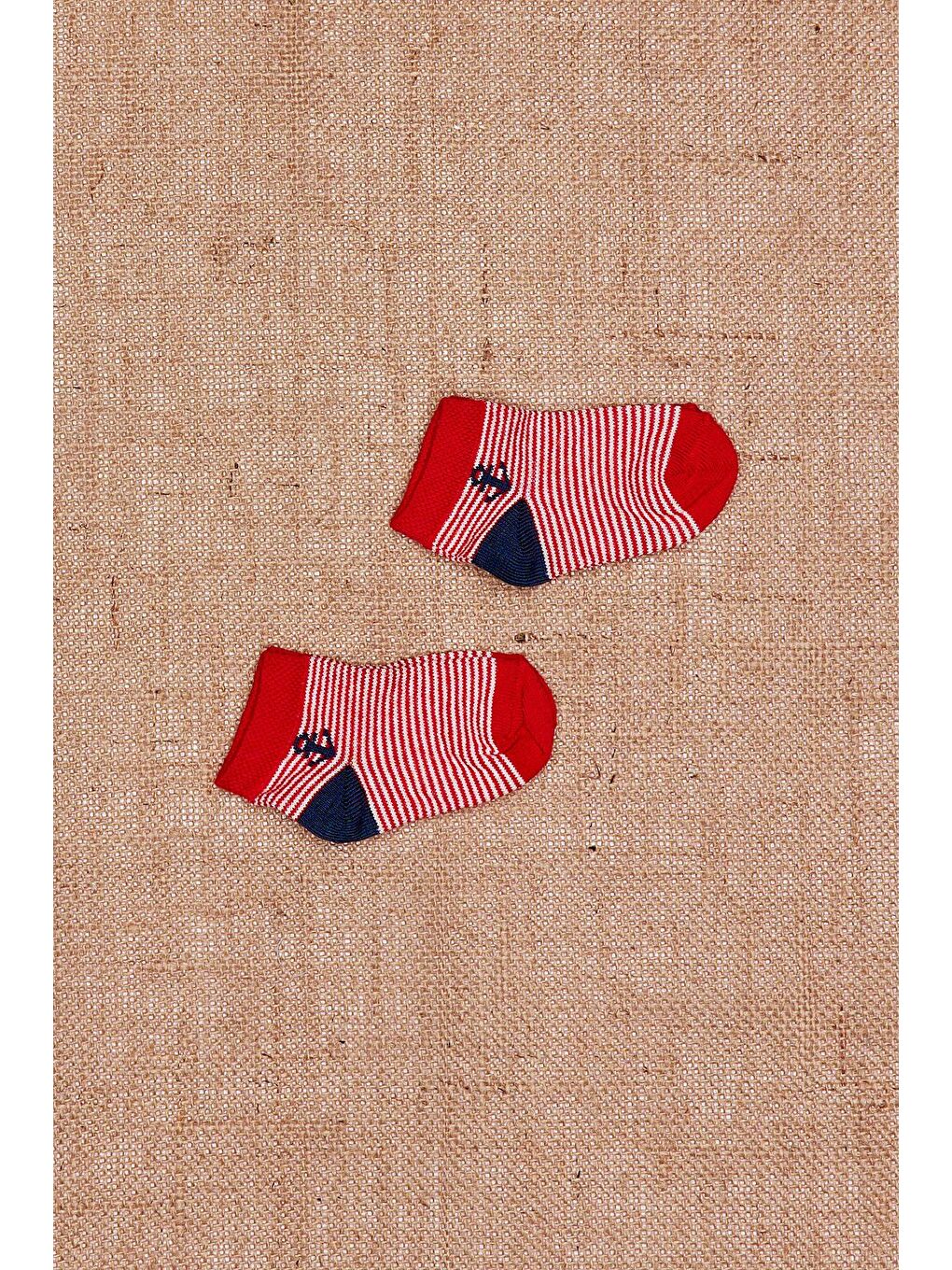 Kırmızı 2`li Çizgili Patik Bebek Çorap-1