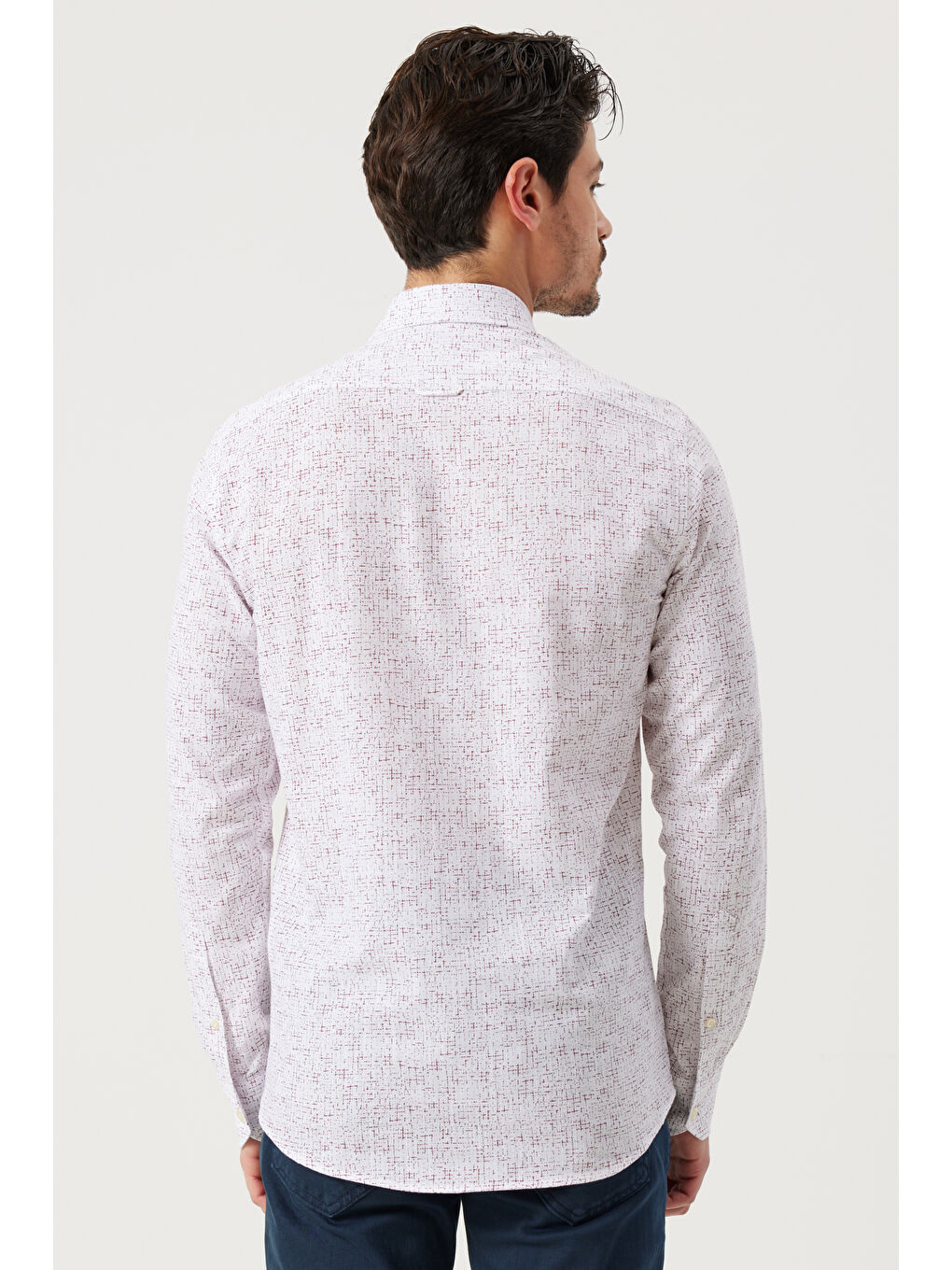 Erkek Beyaz-Bordo Slim Fit Dar Kesim Düğmeli Yaka %100 Pamuk Baskılı Gömlek-1