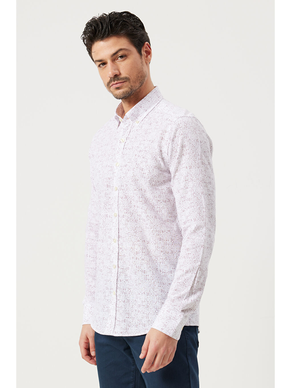 Erkek Beyaz-Bordo Slim Fit Dar Kesim Düğmeli Yaka %100 Pamuk Baskılı Gömlek-3