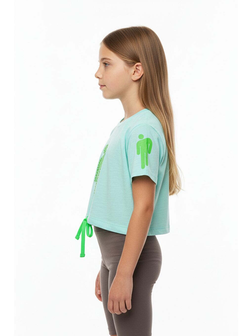 Turkuaz Kız Çocuk Crop Model Baskılı Taş İşlemeli Tişört-1