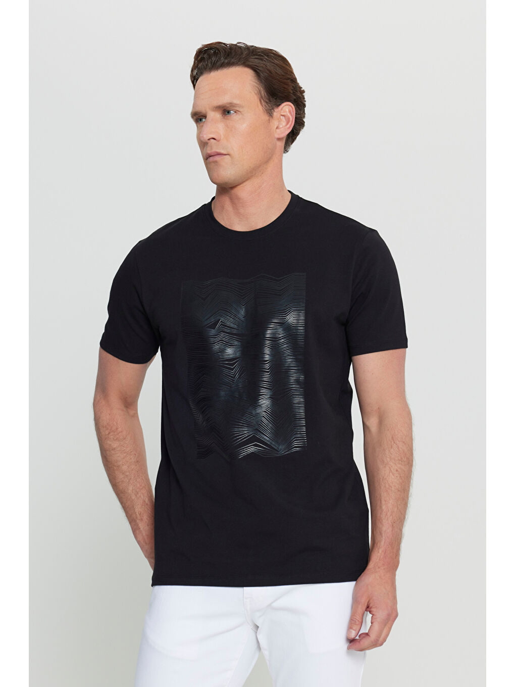 Erkek Siyah Pamuklu Slim Fit Dar Kesim Baskılı Esnek Tişört