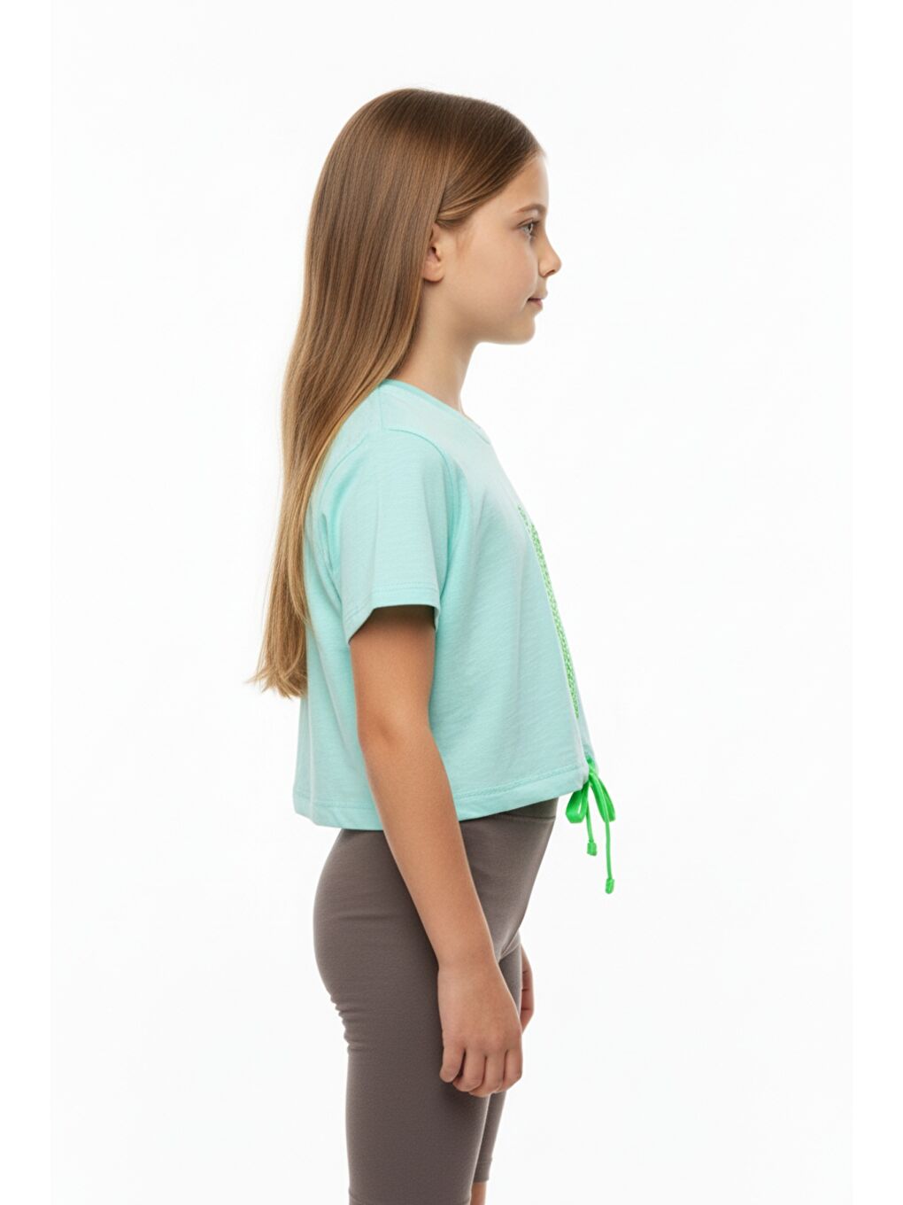 Turkuaz Kız Çocuk Crop Model Baskılı Taş İşlemeli Tişört-2