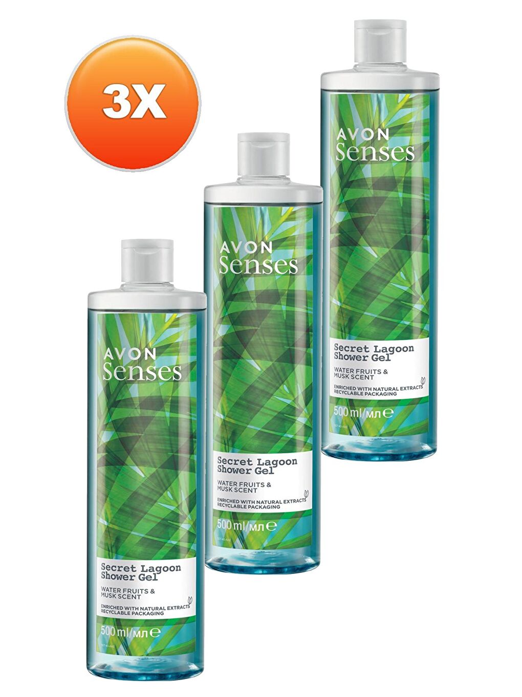 AVON Renksiz Senses Secret Lagoon Su Meyveleri ve Misk Kokulu Duş Jeli 500 Ml. Üçlü Set - 1