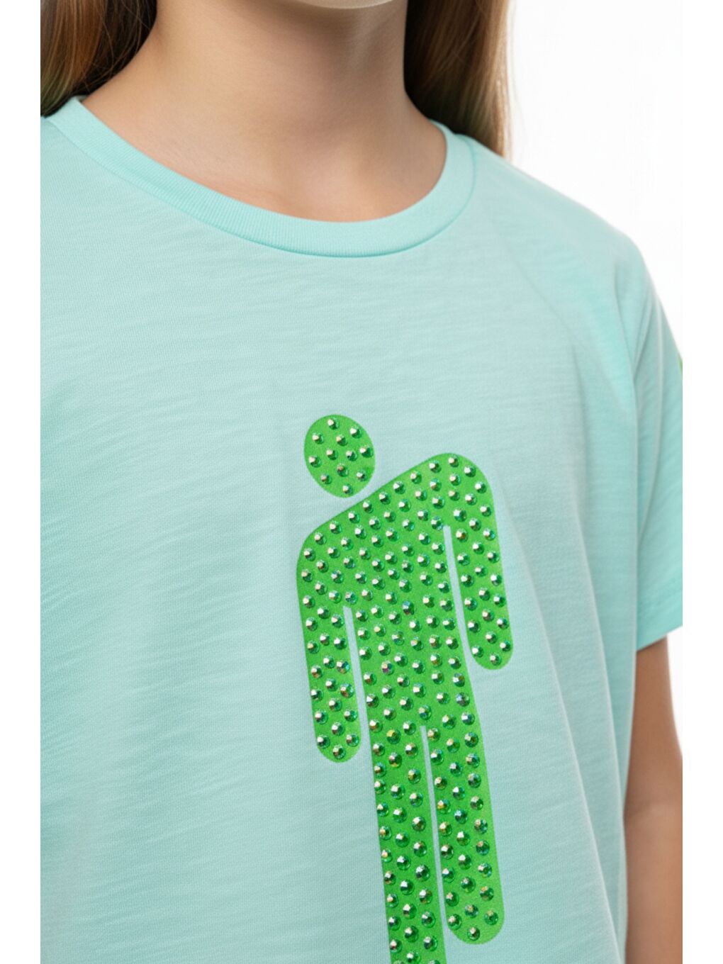 Turkuaz Kız Çocuk Crop Model Baskılı Taş İşlemeli Tişört-3