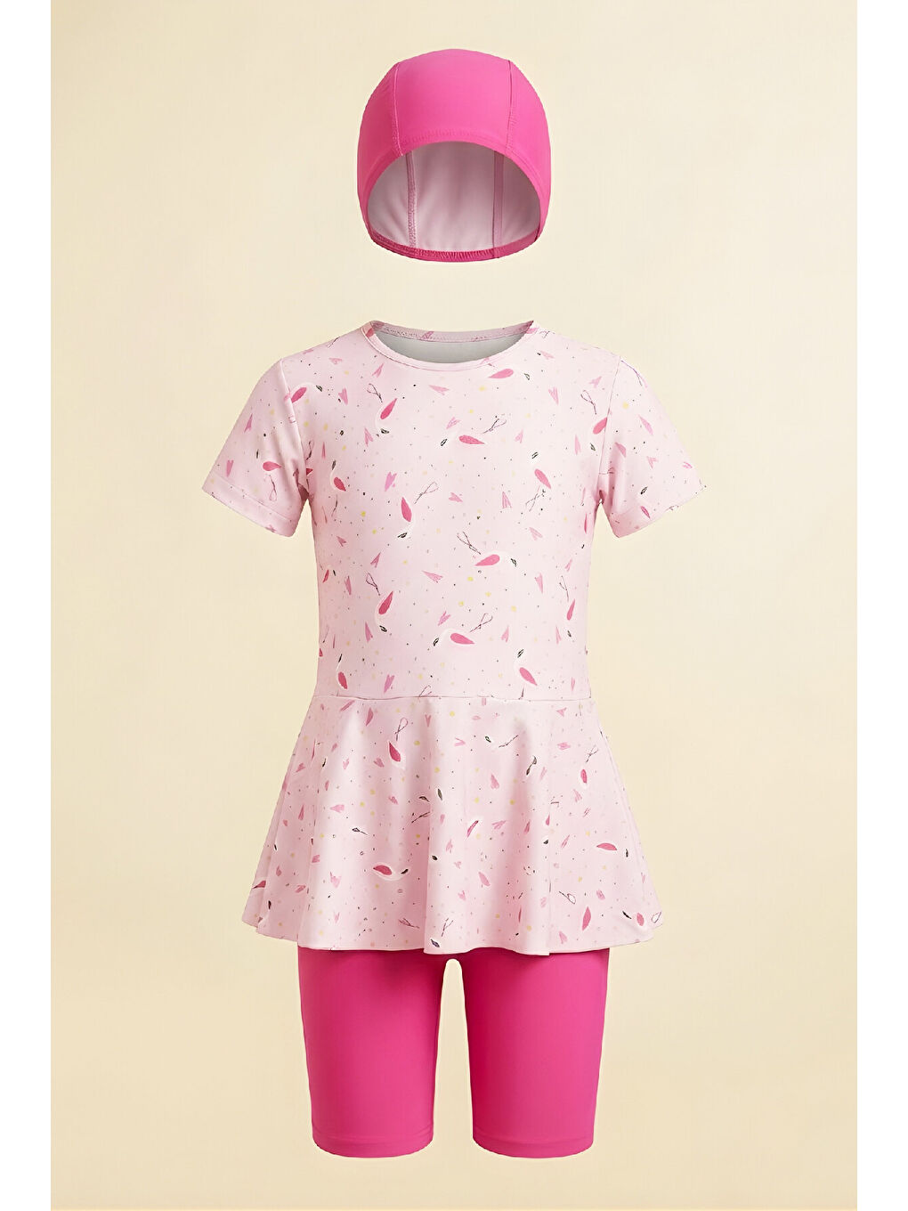 Pembe Kız Çocuk 3'lü Mayo Takımı (Tunik Boy Üst+Diz Boy Alt ve Bone) 7-16 Yaş 12601B-1