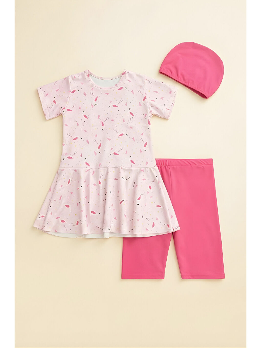 Pembe Kız Çocuk 3'lü Mayo Takımı (Tunik Boy Üst+Diz Boy Alt ve Bone) 7-16 Yaş 12601B-2