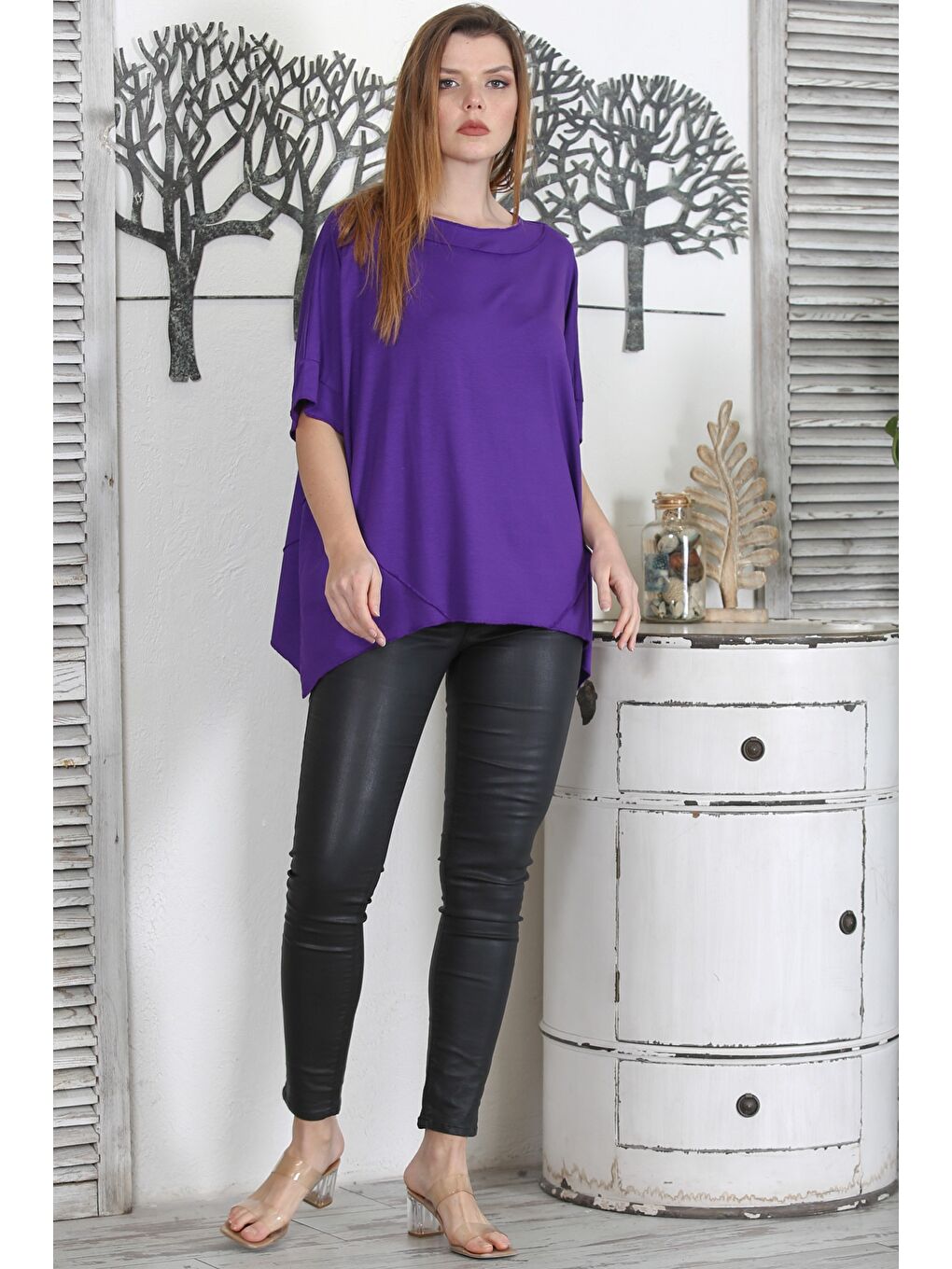 Mor Yuvarlak Yaka Kısa Kol Örme Oversize Casual Tişört-5