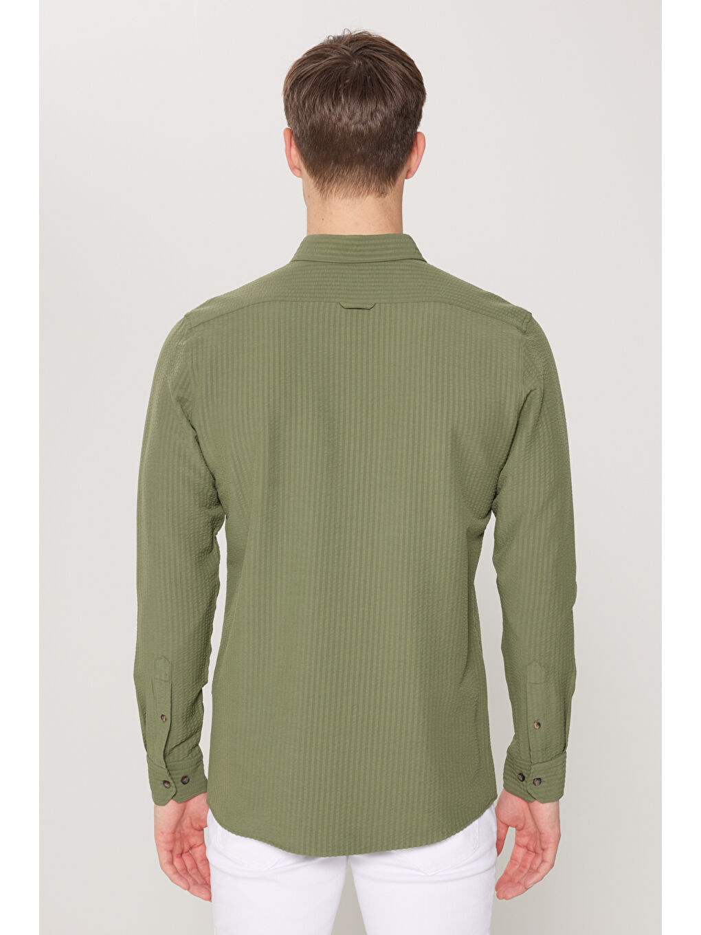 Erkek Haki Slim Fit Dar Kesim Düğmeli Yaka %100 Pamuk Gömlek-8