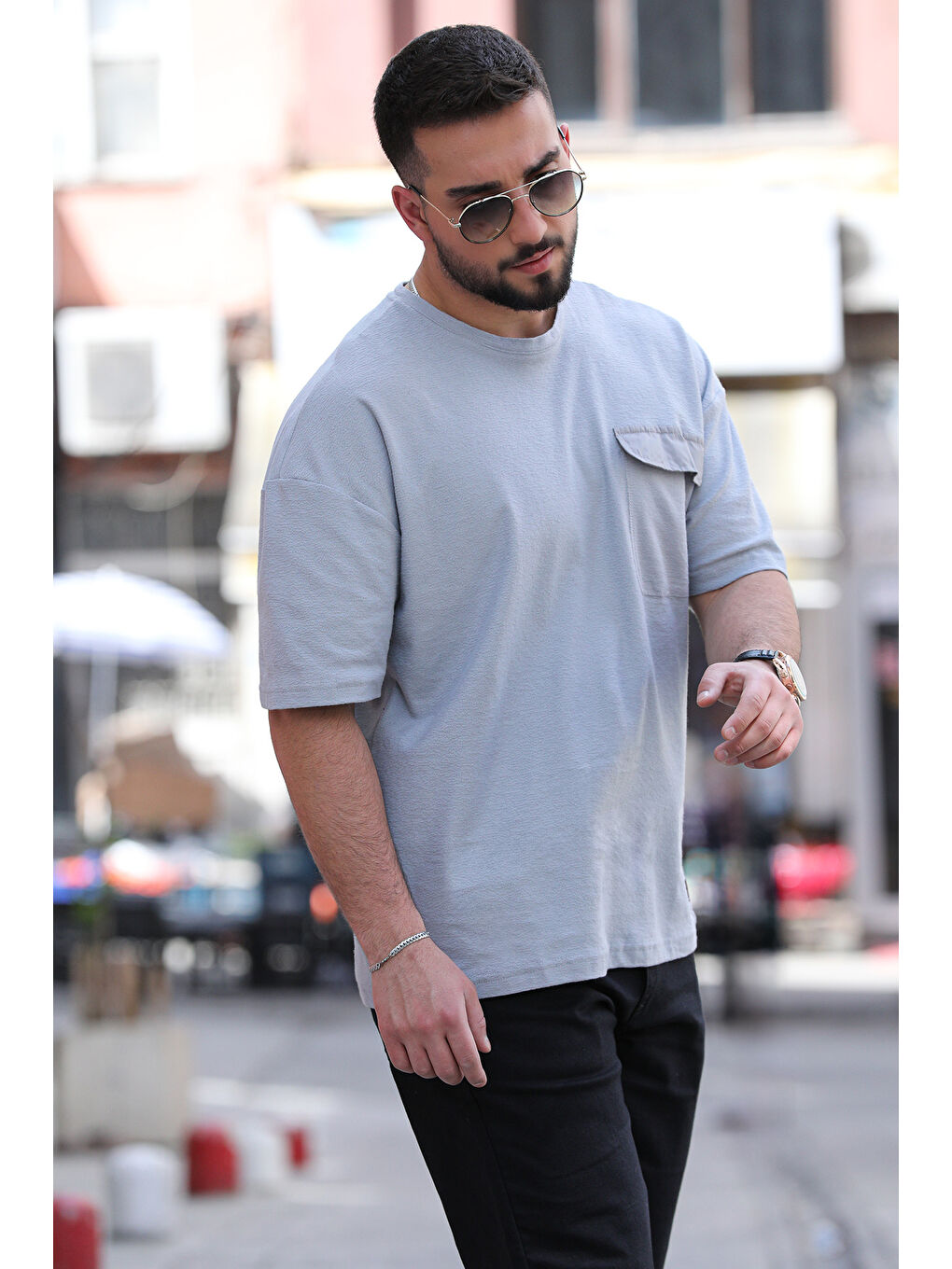 Gri Tek Cepli Elastanlı Erkek Tişört