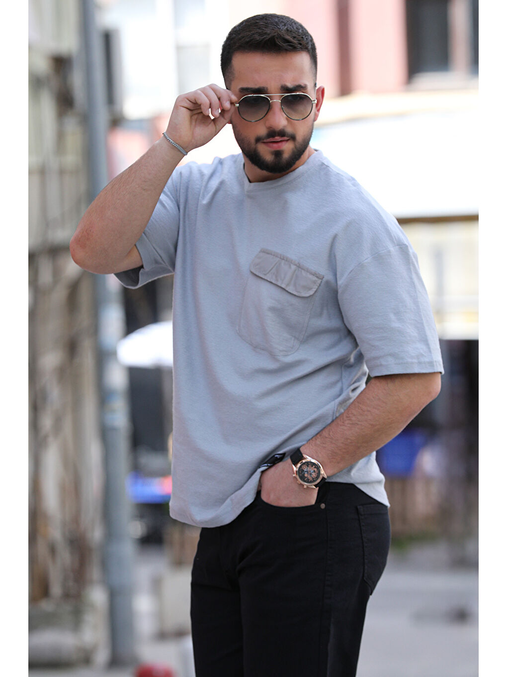 Gri Tek Cepli Elastanlı Erkek Tişört-1