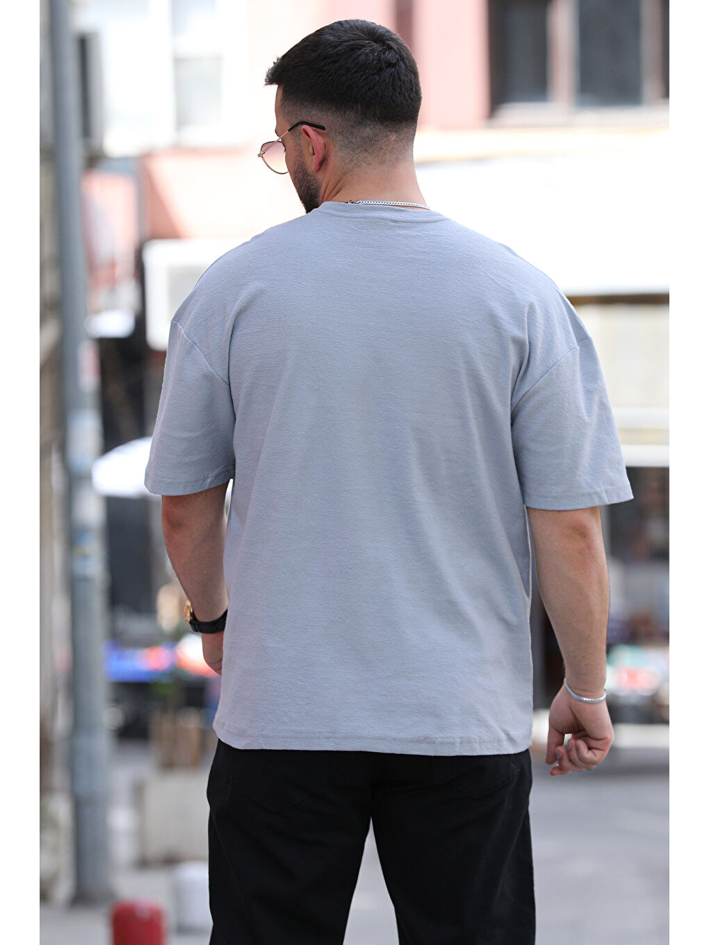 Gri Tek Cepli Elastanlı Erkek Tişört-2