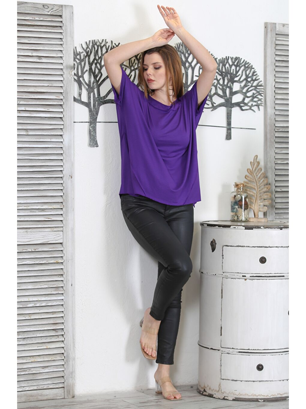 Mor Yuvarlak Yaka Kısa Kol Örme Oversize Casual Tişört-6