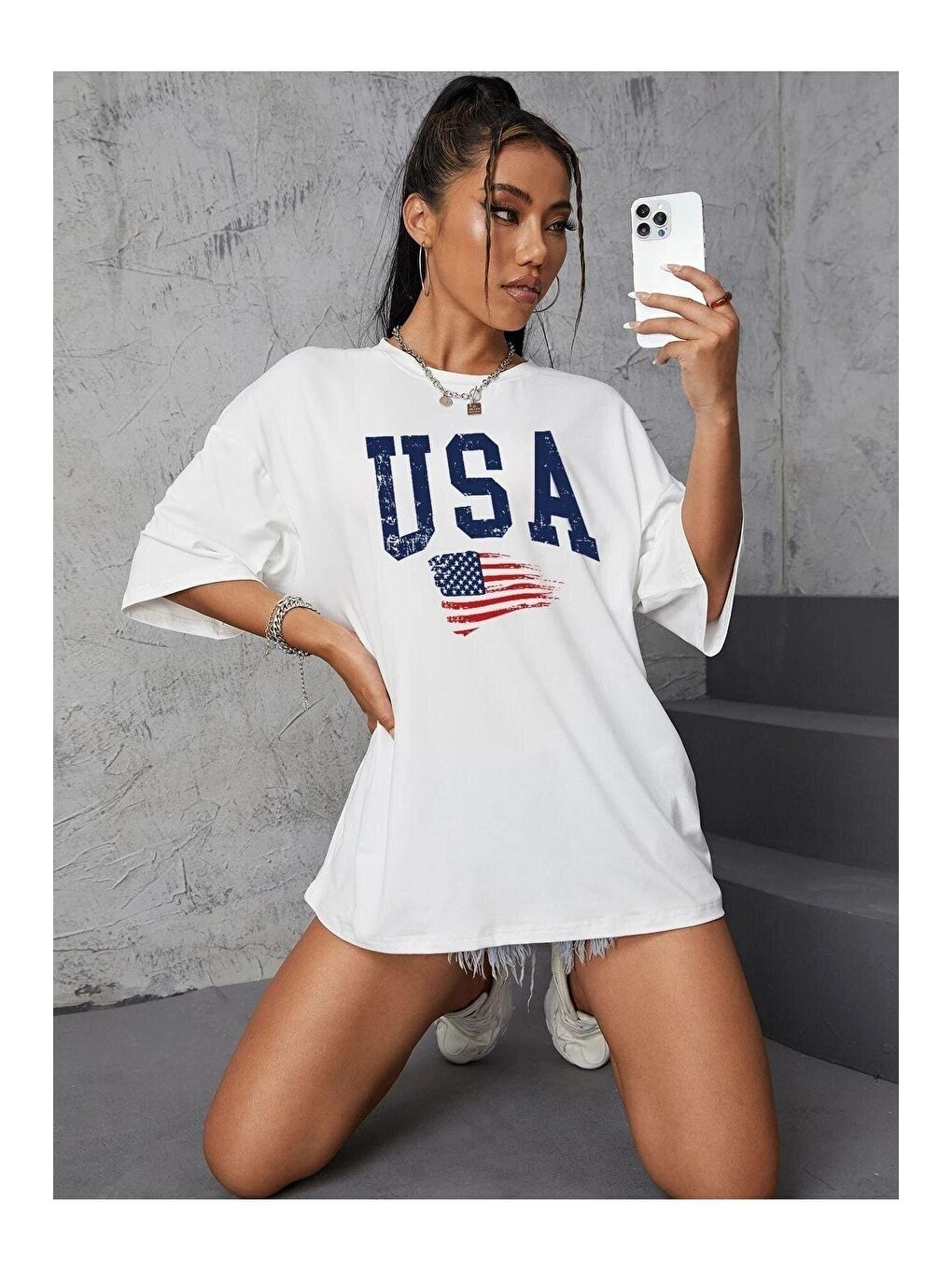 Trendseninle Beyaz Usa Flag Baskılı Beyaz Oversize Tişört