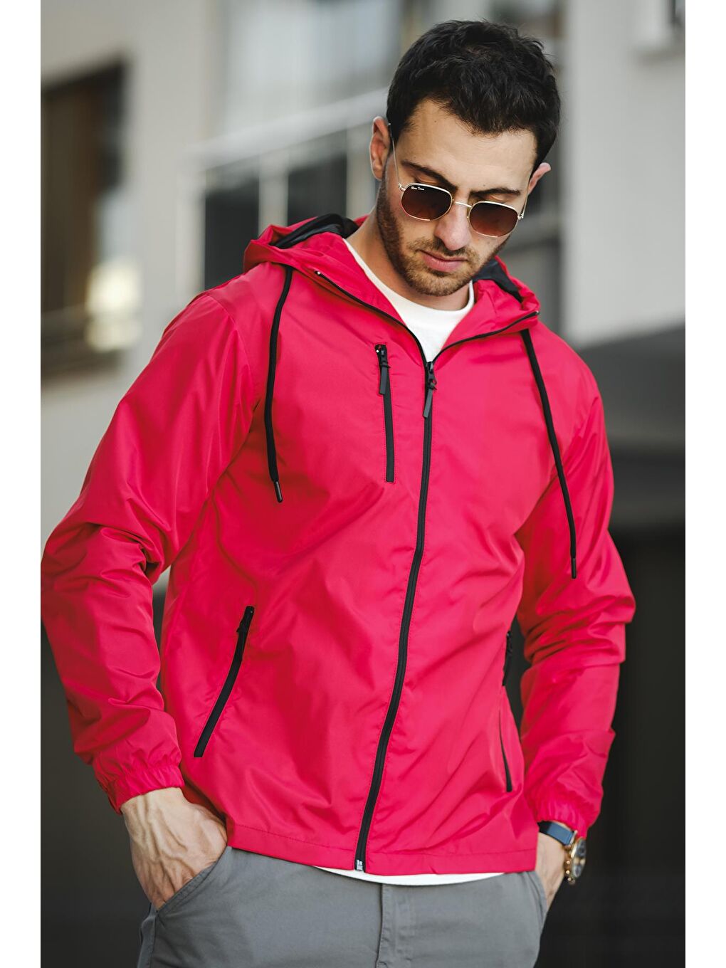 Kırmızı Zora Slim Fit Su İtici Kapüşonlu Mevsimlik Mont