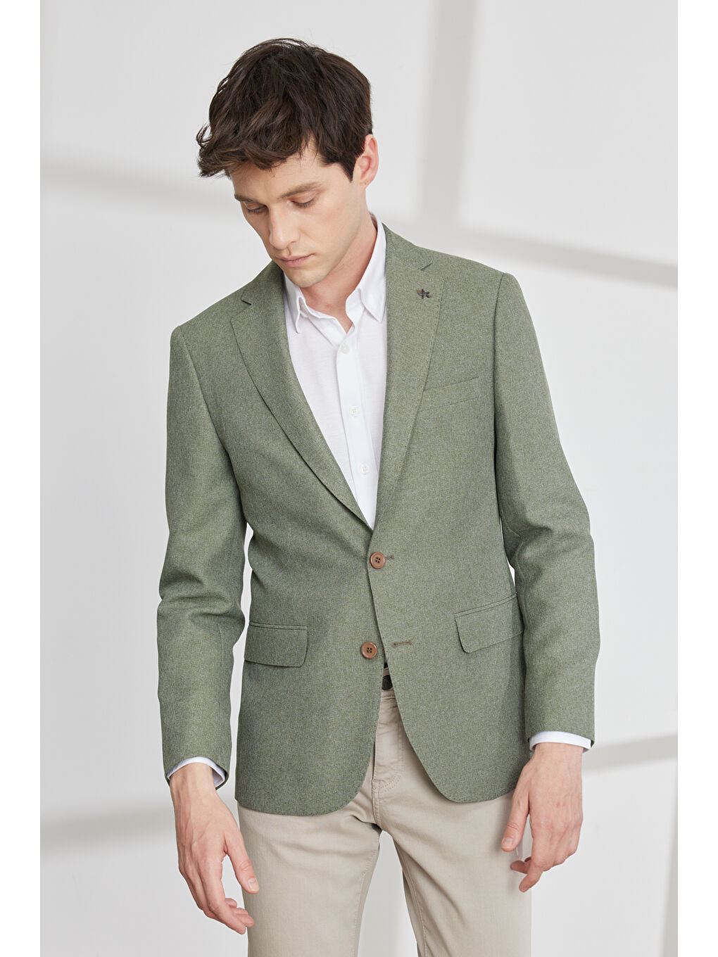 Erkek Yeşil Slim Fit Dar Kesim Mono Yaka Desenli Ceket-3