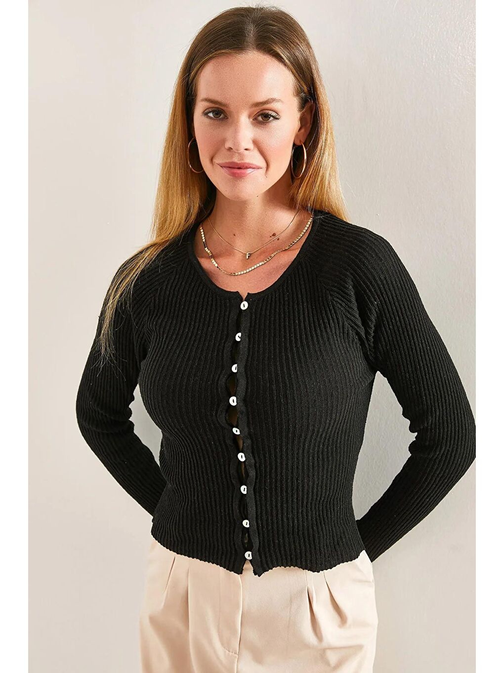 Siyah Kadın Düğmeli Triko Mevsimlik Hırka-2