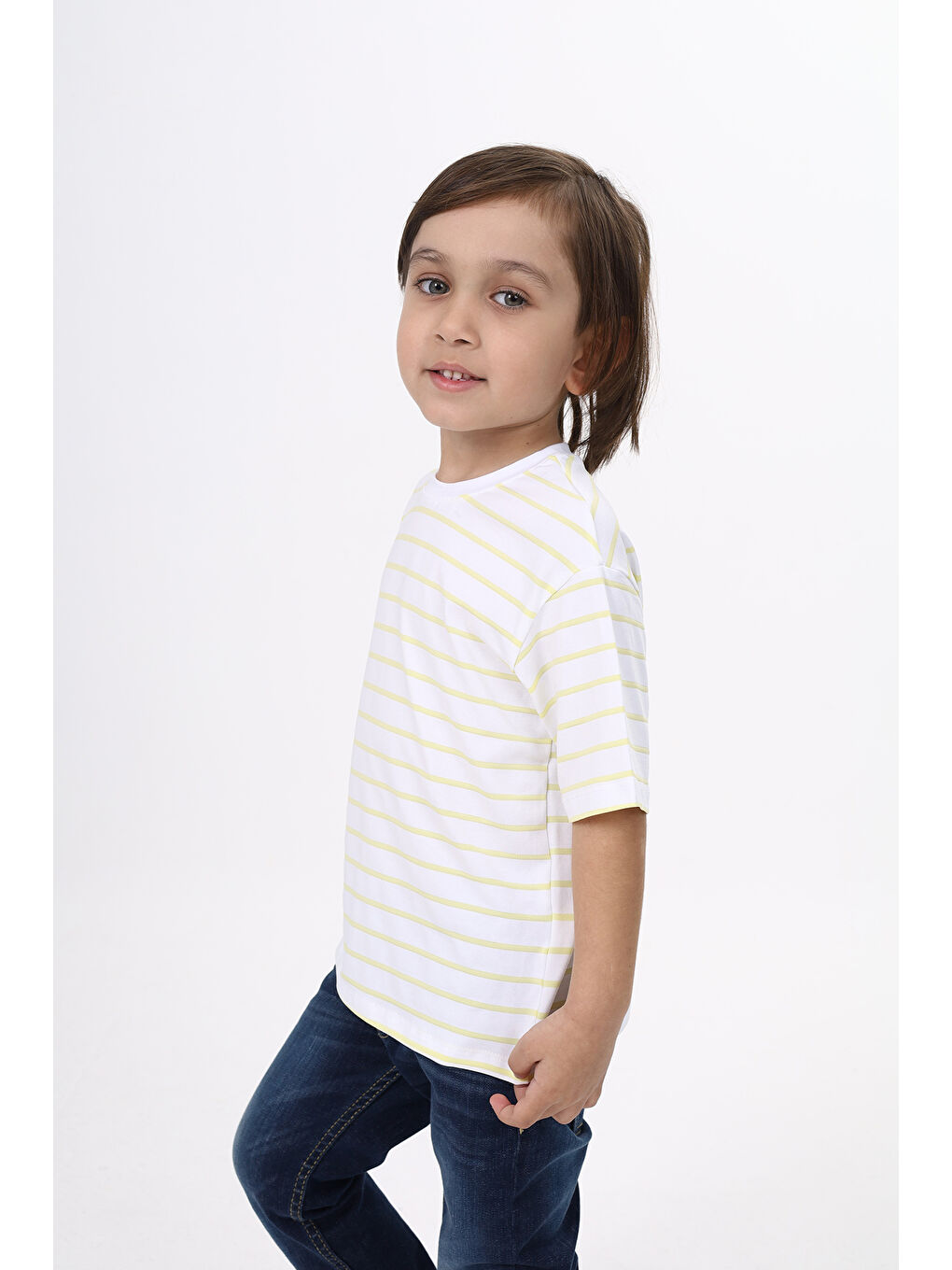 Sarı Unisex Çocuk Çizgili Tişört-4
