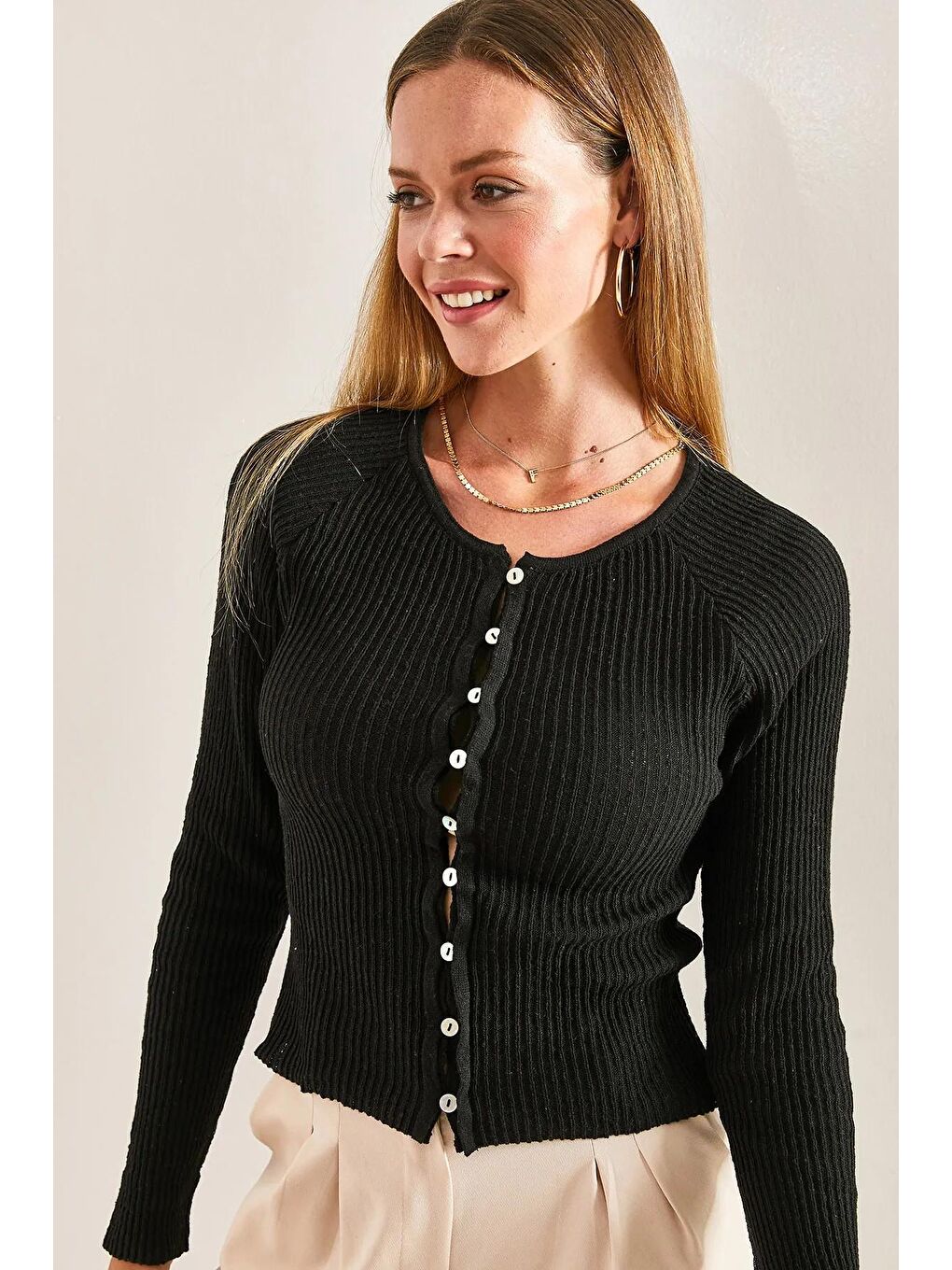 Siyah Kadın Düğmeli Triko Mevsimlik Hırka-4