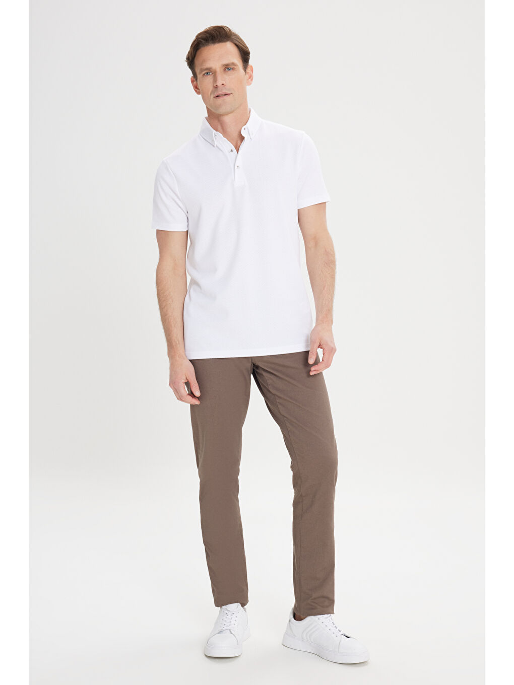 Erkek Ekru Slim Fit Dar Kesim Pamuklu Jakarlı Polo Yaka Tişört-1