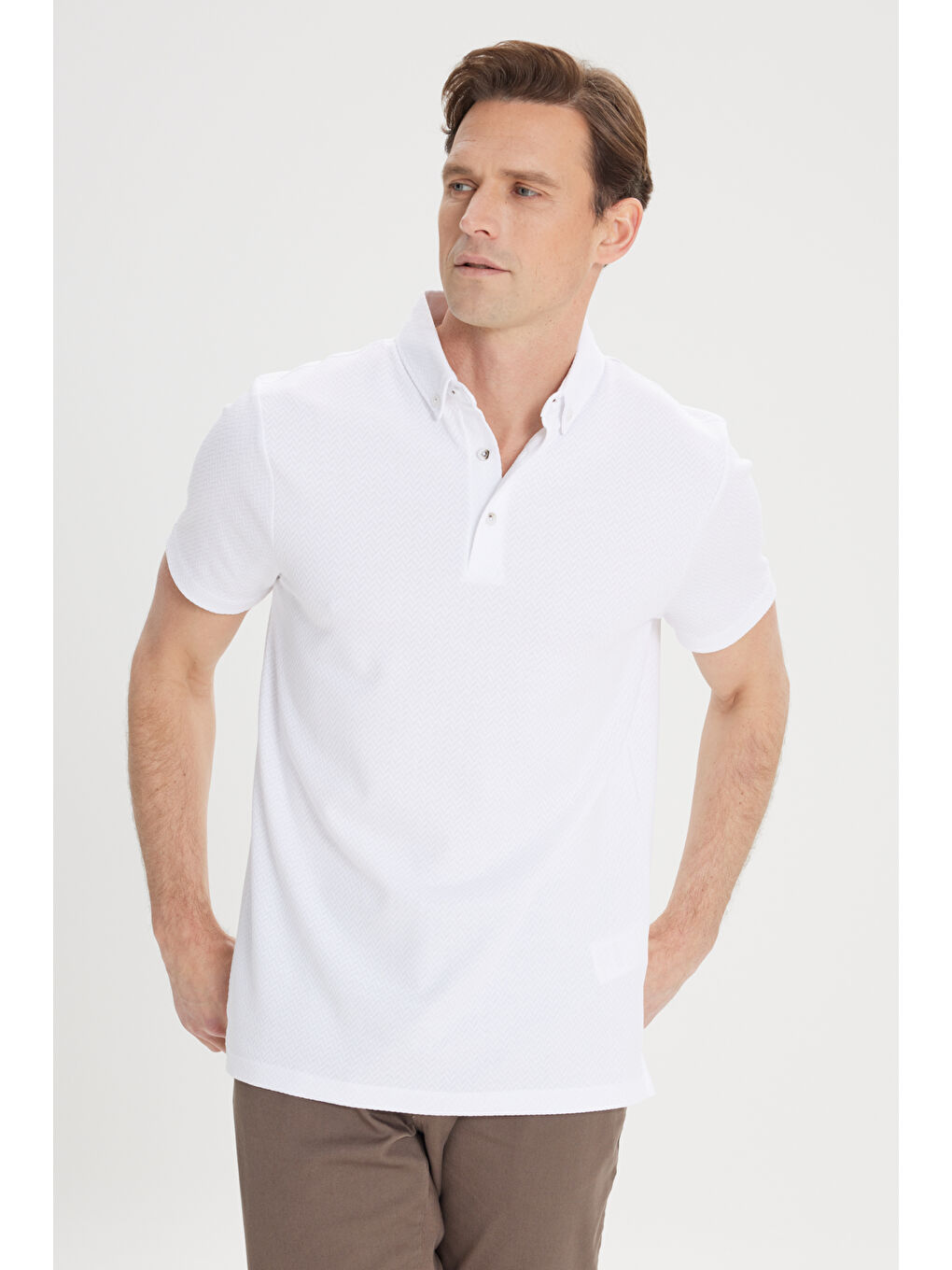 Erkek Ekru Slim Fit Dar Kesim Pamuklu Jakarlı Polo Yaka Tişört-3