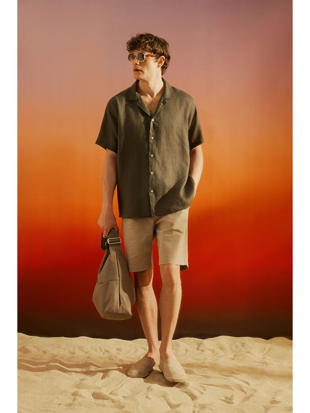 Erkek Haki Keten Comfort Fit Rahat Kesim Hawai Yaka Gömlek-1