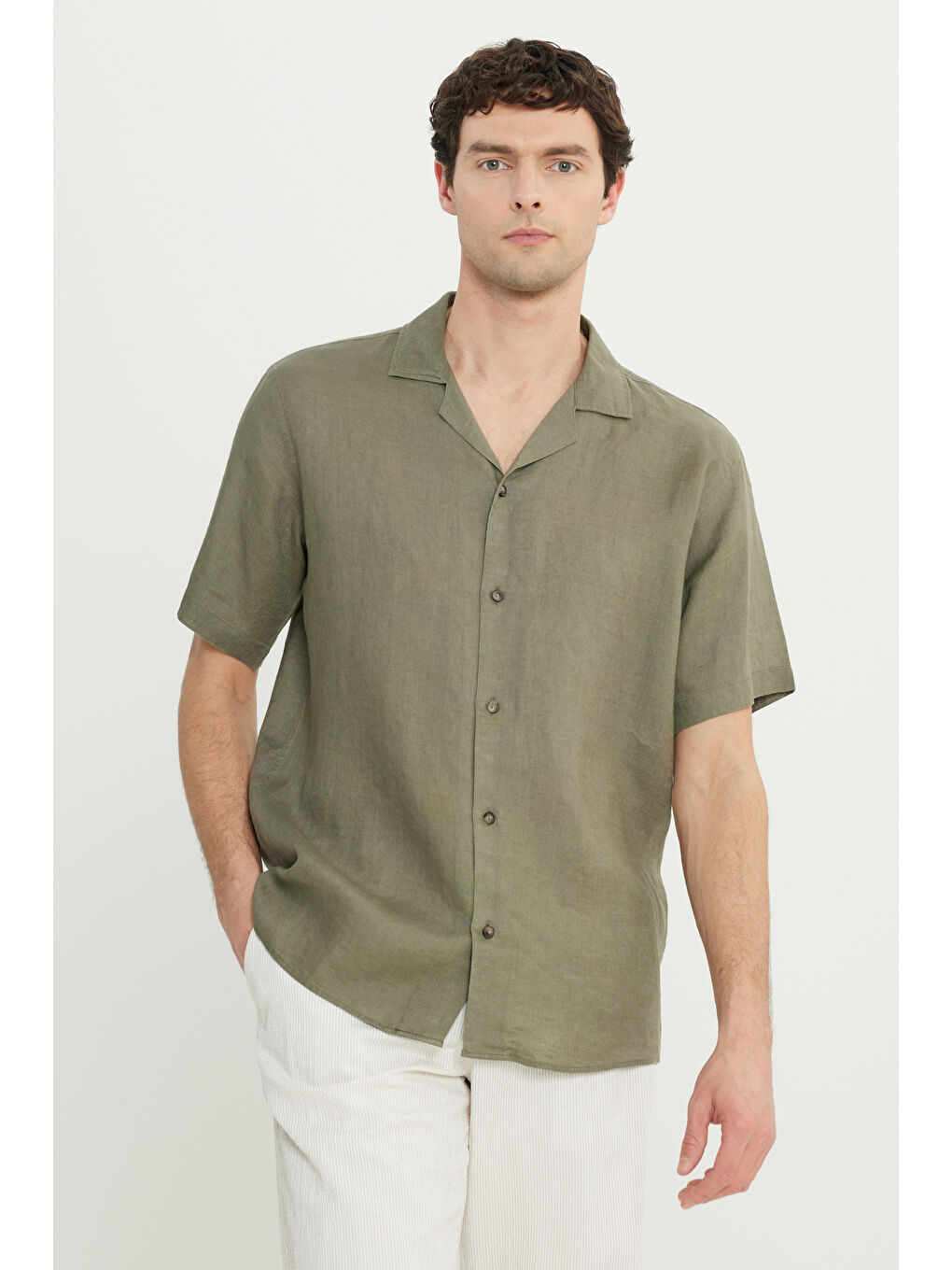 Erkek Haki Keten Comfort Fit Rahat Kesim Hawai Yaka Gömlek-2