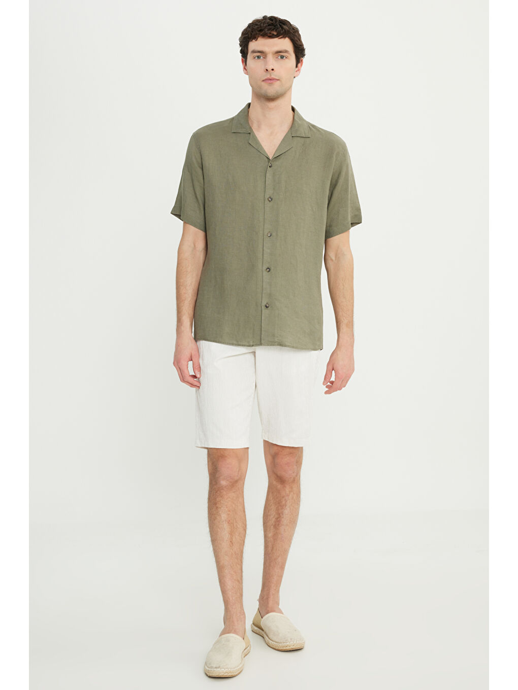 Erkek Haki Keten Comfort Fit Rahat Kesim Hawai Yaka Gömlek-3