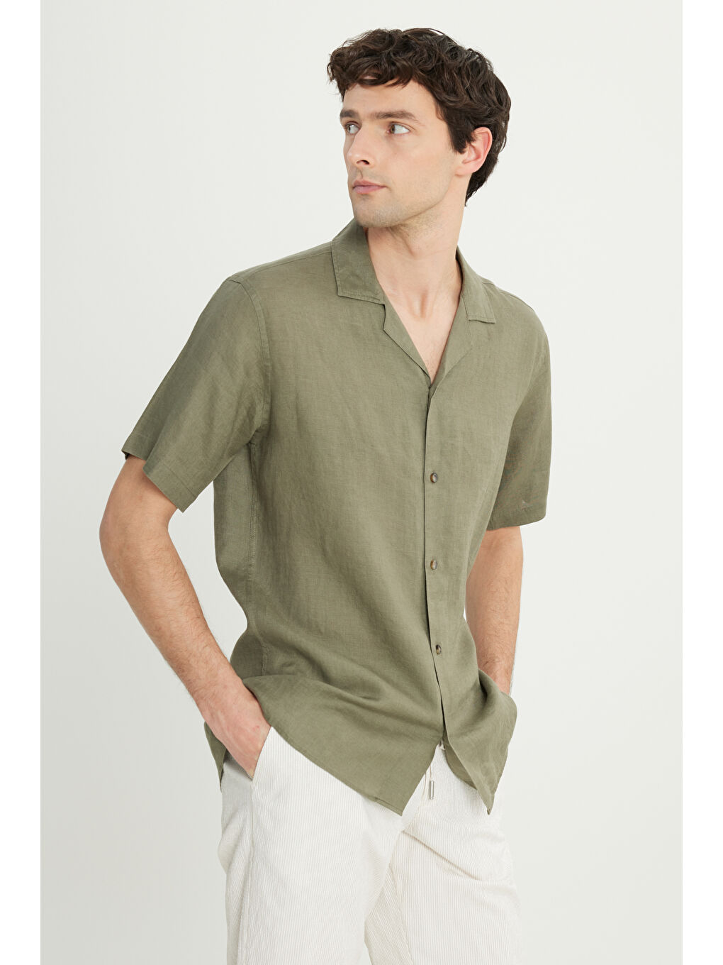 Erkek Haki Keten Comfort Fit Rahat Kesim Hawai Yaka Gömlek-4