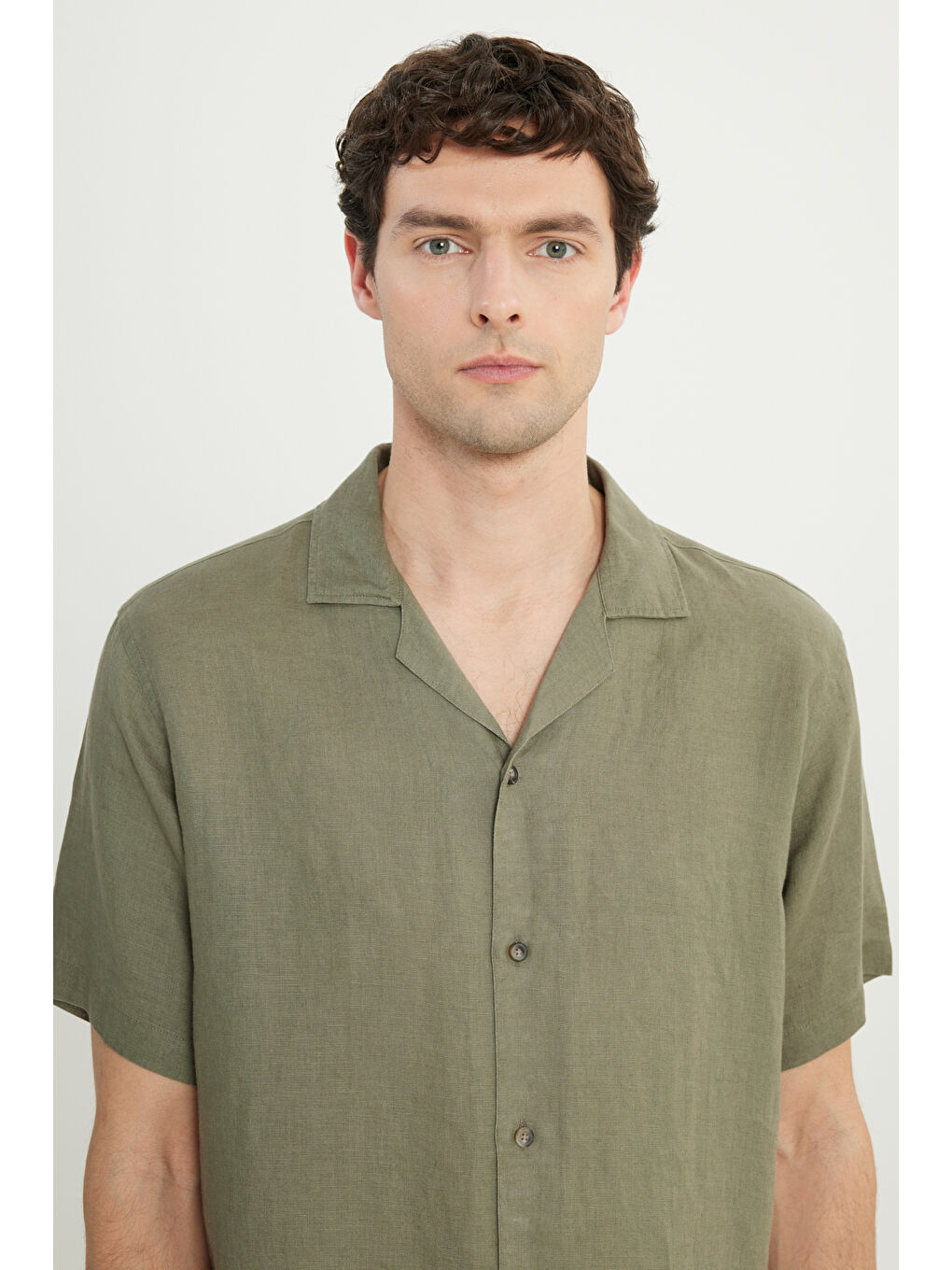 Erkek Haki Keten Comfort Fit Rahat Kesim Hawai Yaka Gömlek-5