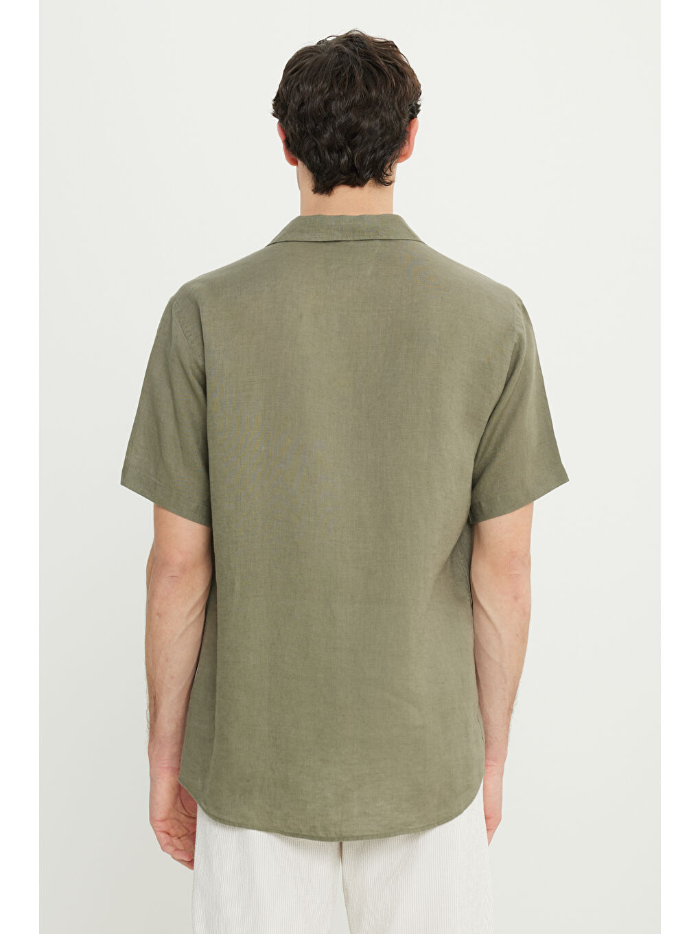 Erkek Haki Keten Comfort Fit Rahat Kesim Hawai Yaka Gömlek-6